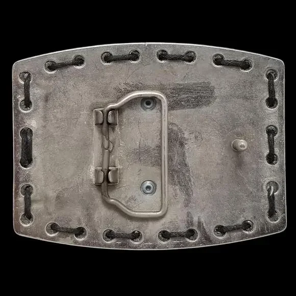 Vintage‎ Belt Buckle Black Leather Metal Back Fleur De Lis Goth Unisex
